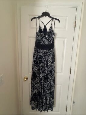 Miss Avenue Navy Blue and White Bandanna Printed Maxi Dress